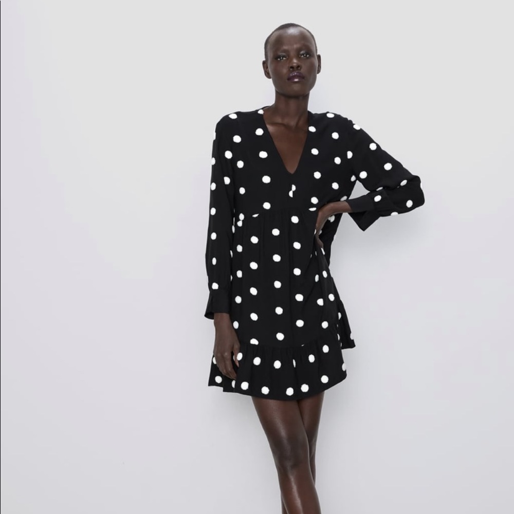 Black embroidered dress with polka dots , size L
